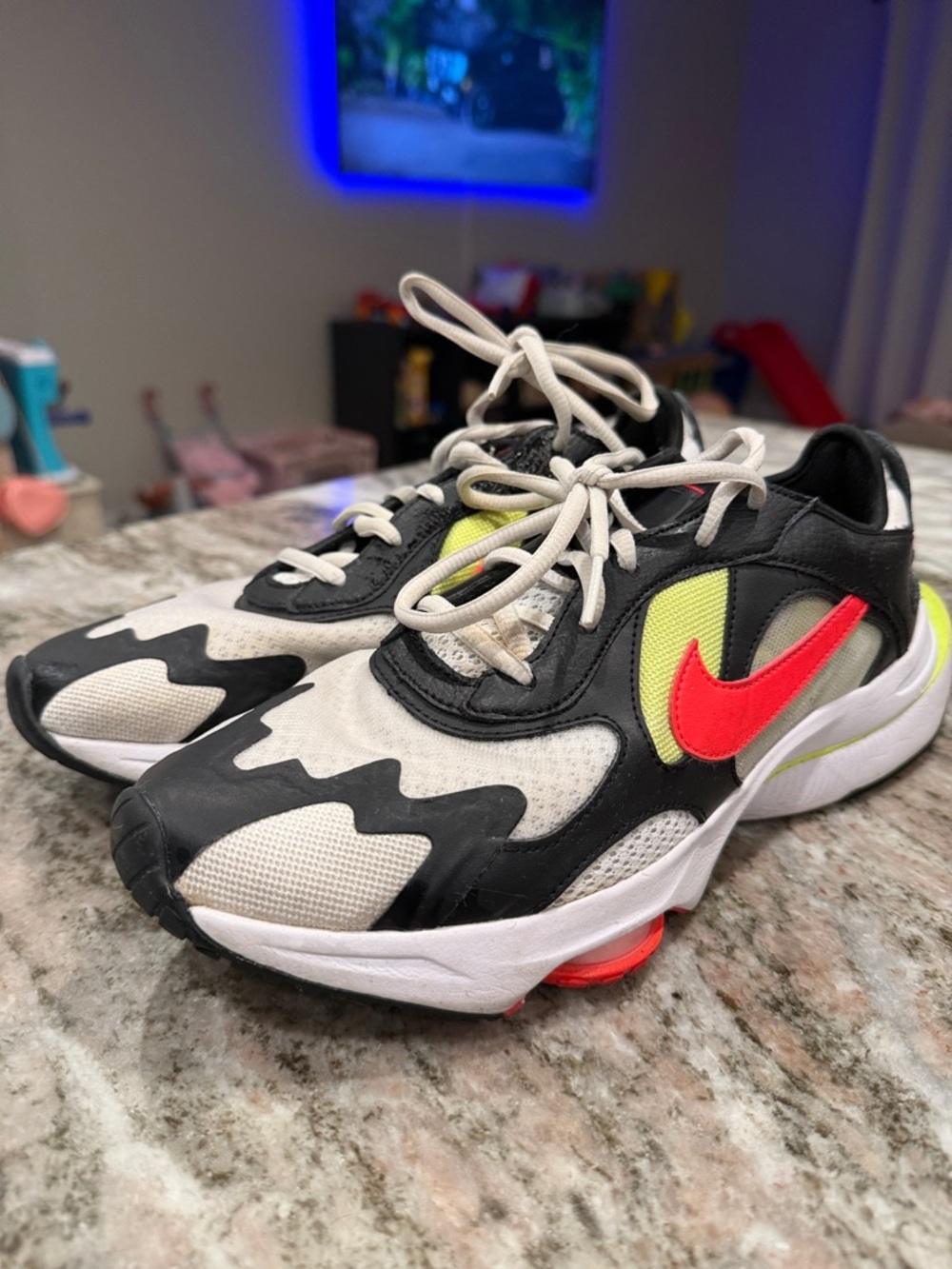 Nike Mens Black/White/Neon Red Sneakers with Neon Yellow Accent